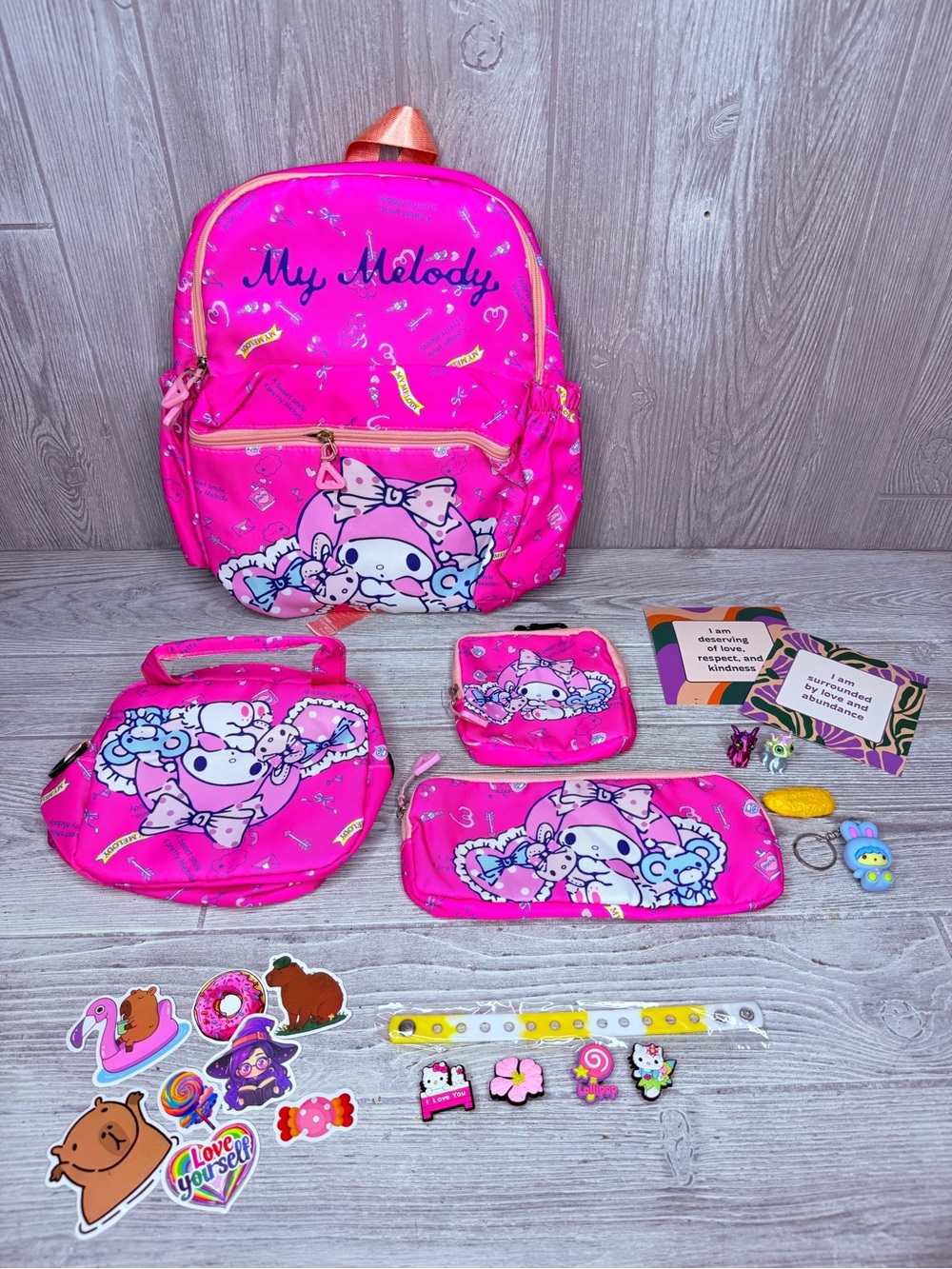 My melody backpack bundle croc charms keychain stickers nugget pen dragon & more